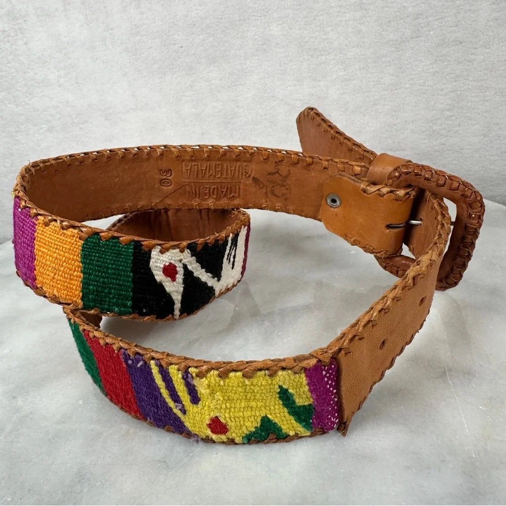 Brown Leather Belt Multicolor Woven Design‎ Guatemalan boho bohemian western